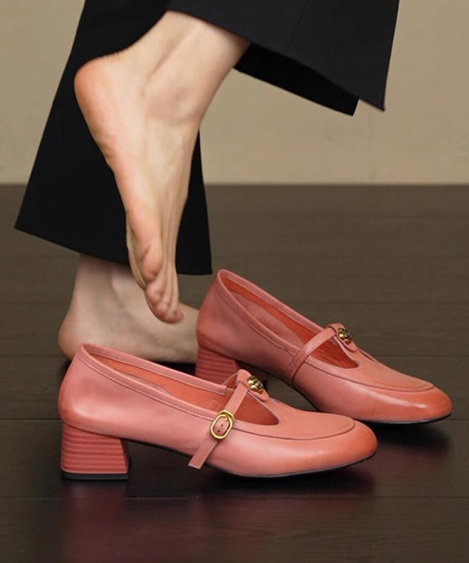 Boutique Splicing Chunky Loafer Shoes Pink Calf Buckle Strap