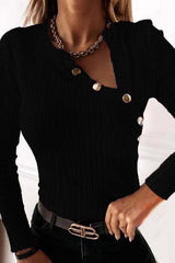 Long-sleeved V-neck Metal Button Slim Fit Top