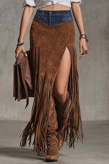 Denim Suede Patchwork Spliced slit Fringed Hem Extra-long Midi Skirt