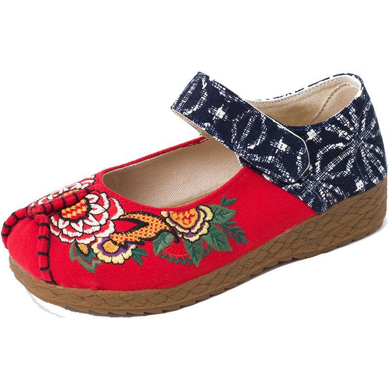 Red Cotton Embroideried Fabric Flat Shoes For Splicing Flats