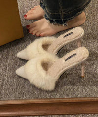 New Pink High Heels Slippers Pointed Toe Fuzzy Wool Lined