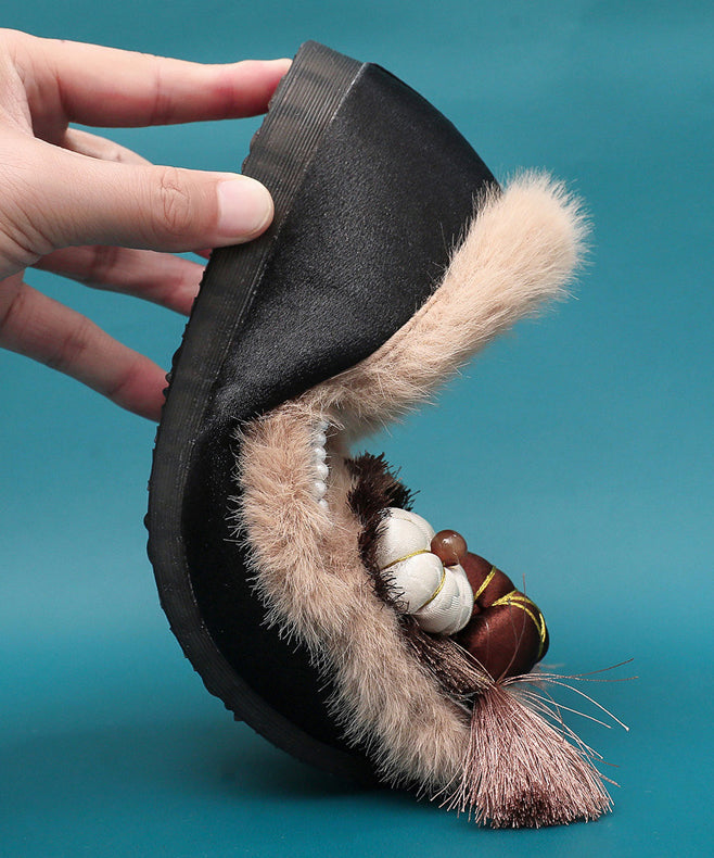 Handmade Coffee Soft Flats Shoes Nail Bead Fuzzy Wool Lined