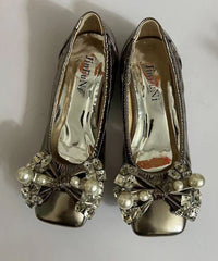 Soft Bow Zircon Splicing Flat Shoes For Green Faux Leather