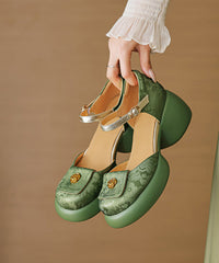 Retro Green Embossed Buckle Strap Chunky Sandals