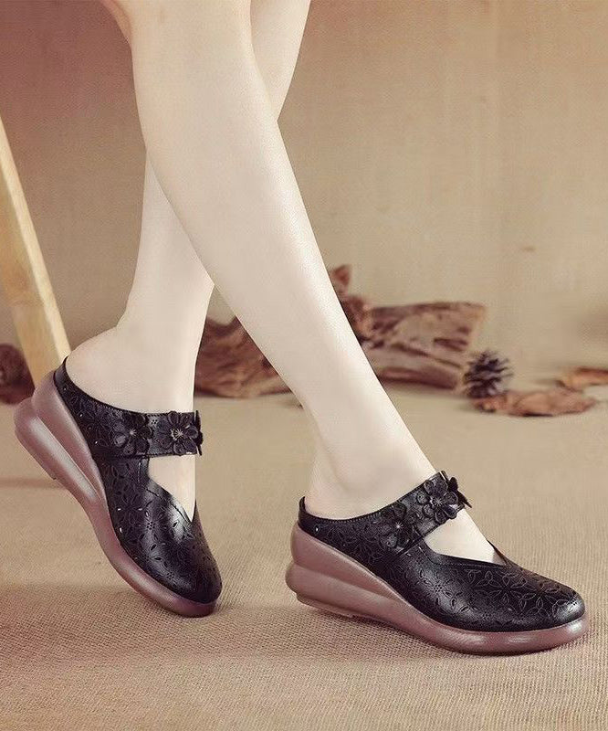 Red Wedge Cowhide Leather Splicing Slide Sandals Hollow Out