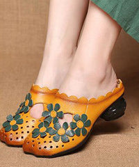 Hollow Out Floral Yellow Cowhide Leather Slide Sandals