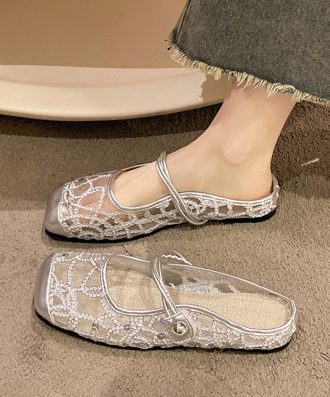 Stylish Silver Tulle Zircon Flats Slide Sandals