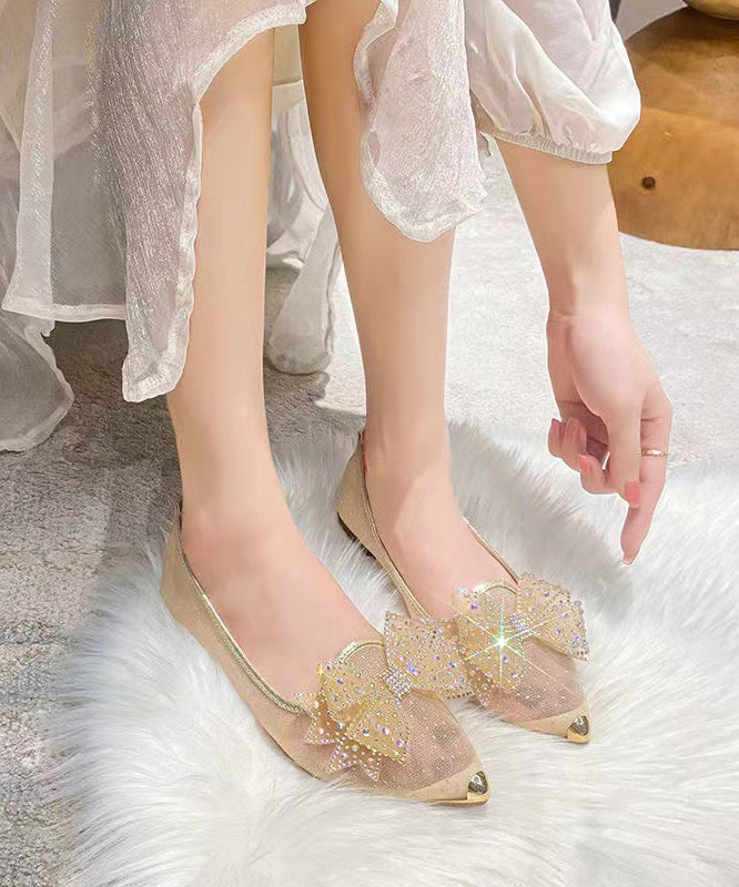 Gold Breathable Bow Zircon Tulle Pointed Flat Shoes