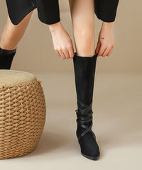 Nude Suede Cross Strap Splicing Boots Pointed Toe