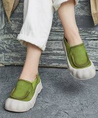 Handmade Splicing Platform Flat Feet Shoes Green Cowhide Leather