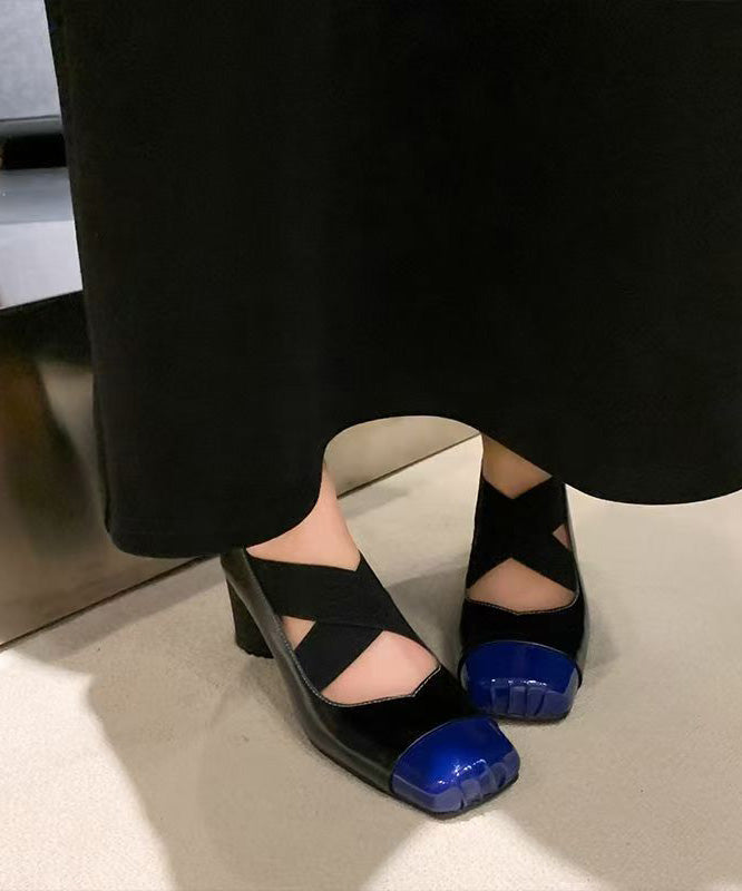 Handmade Square Toe Black Chunky Heel Cross Strap Shoes