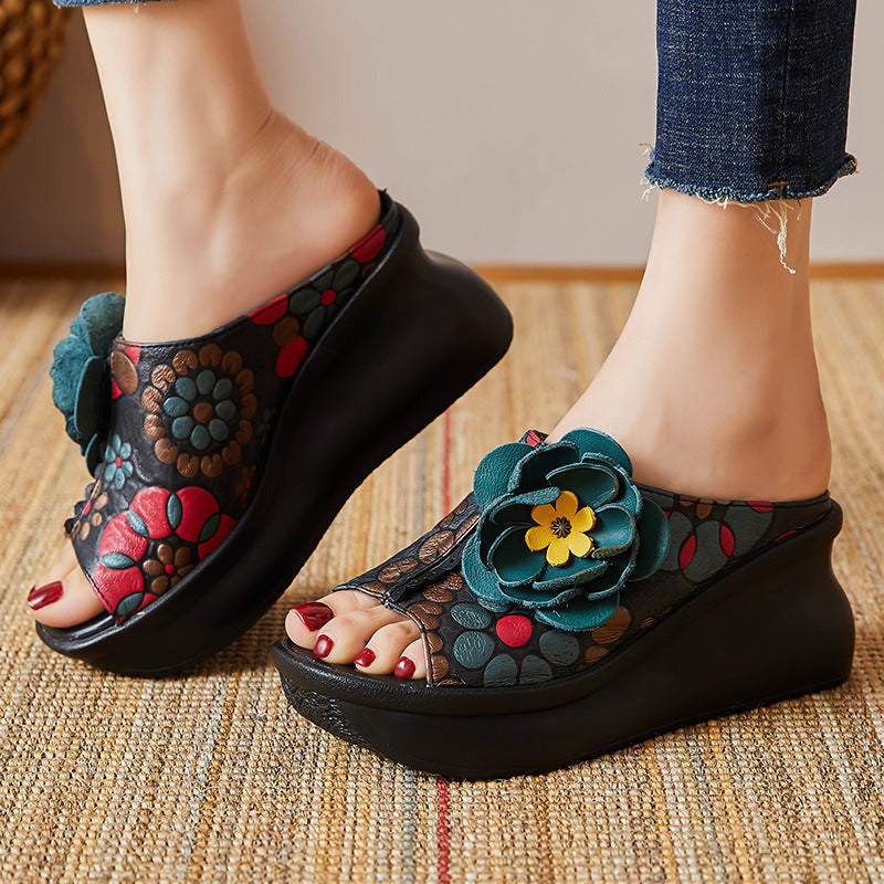 Leather Vintage Wedge Slippers