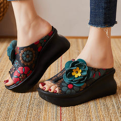 Leather Vintage Wedge Slippers