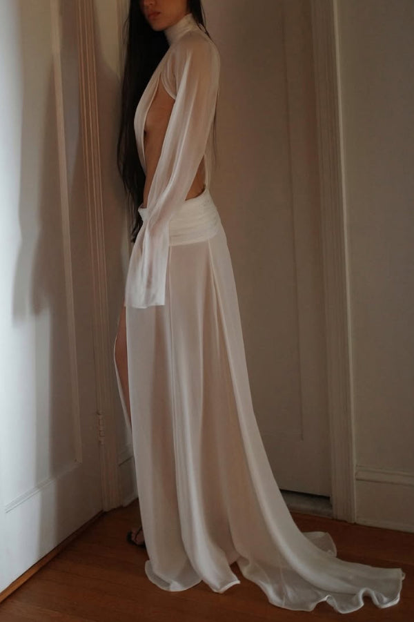 See-through High-neck Long-sleeved Draped Top and High-waisted Slit Maxi Skirt Vacation Set