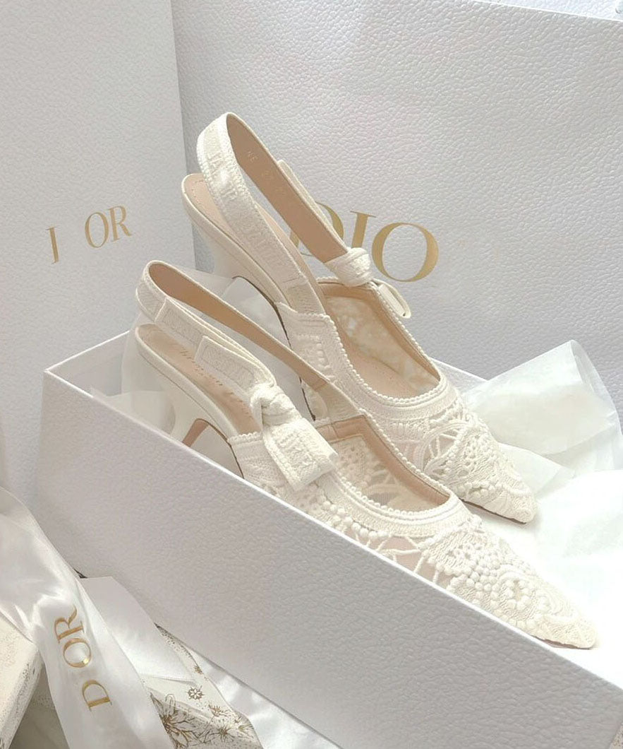 French White Embroidered Lace High Heeled Sandals