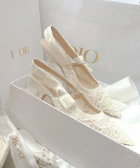 French White Embroidered Lace High Heeled Sandals