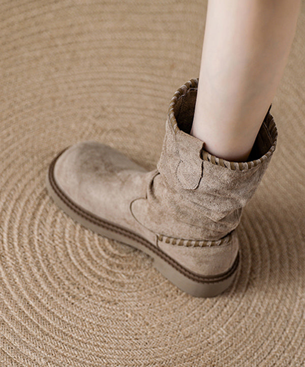 Women Khaki Suede Tassel Splicing Wrinkled Boots