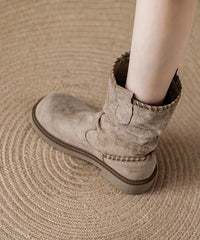 Khaki Suede Tassel Splicing Wrinkled Boots