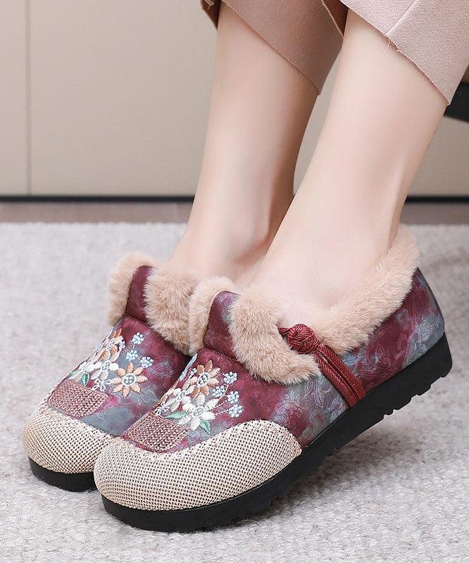 Comfy Embroidery Flat Feet Shoes Red Fuzzy Wool Lined