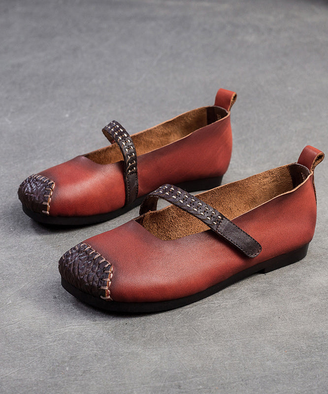 Red Cowhide Leather Splicing Flat Shoes