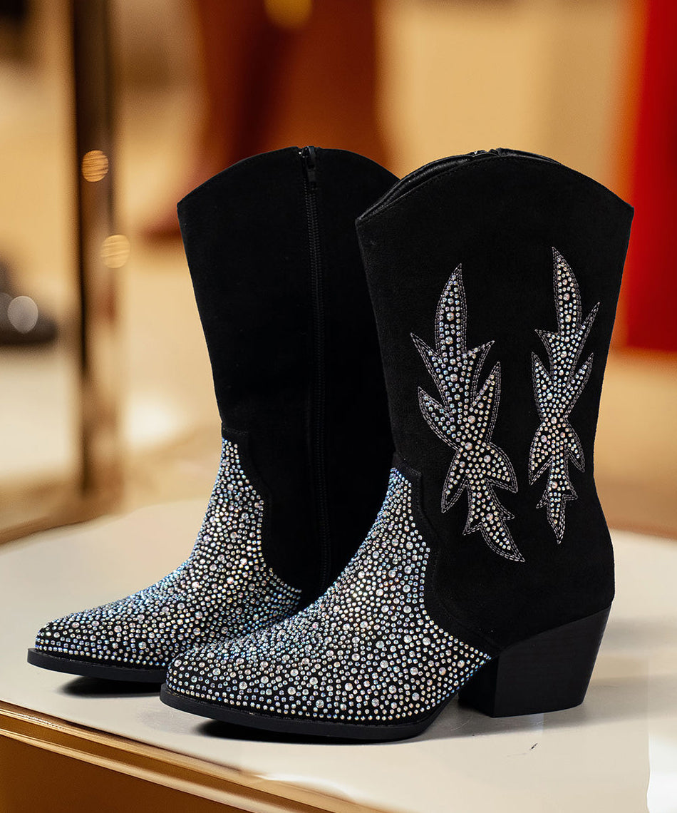 Handmade Black Zircon Zippered Suede Pointed Toe Chunky Boots