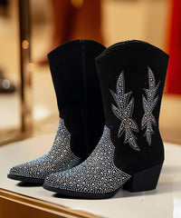 Handmade Black Zircon Zippered Suede Pointed Toe Chunky Boots