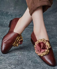 Retro Coffee Floral Splicing Loafer Shoes Cowhide Leather Pointed Toe