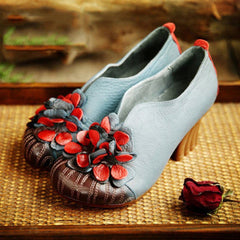 Cozy Flowers Leather Handmade Chunky Heels Comfy Shoes