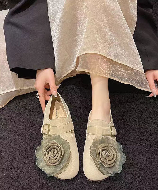 Khaki Floral Faux Leather Soft Splicing Flat Shoes For Women