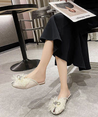 Beige Zircon Bow Nail Bead Splicing Slide Sandals