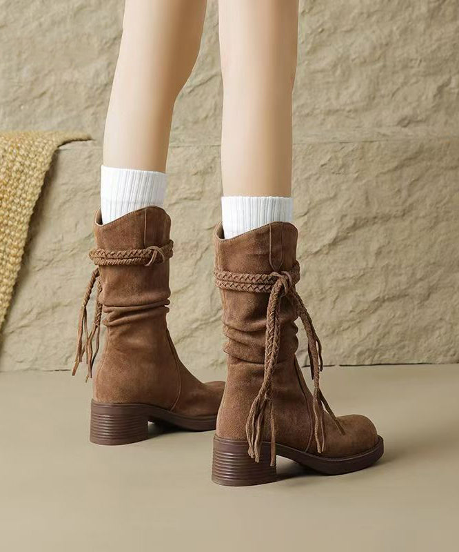 Brown Chunky Suede Women Tassel Splicing Cowboy Boots