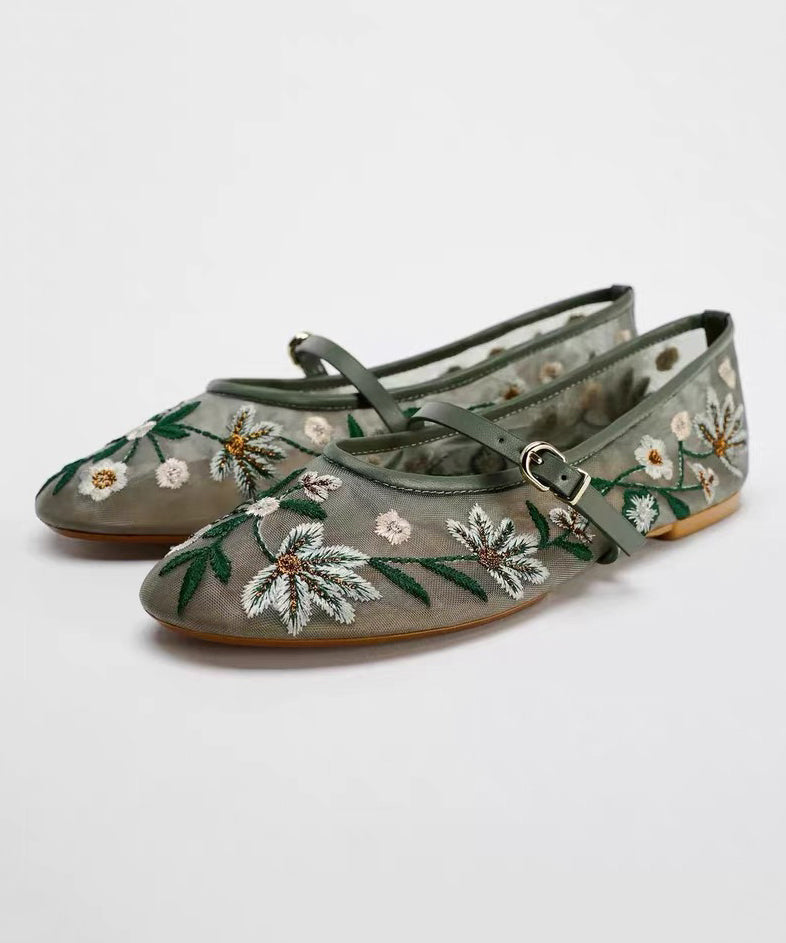 Splicing Flat Shoes Green Breathable Mesh Embroidered