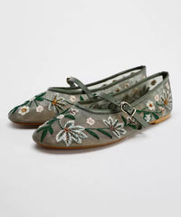 Splicing Flat Shoes Green Breathable Mesh Embroidered
