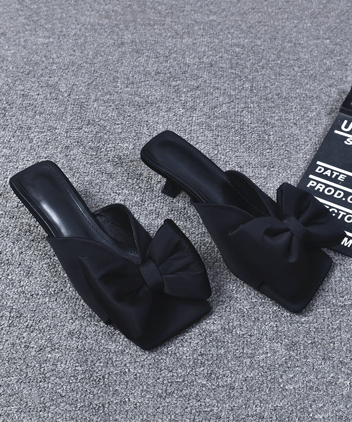 Black High Heel Bow Splicing Slide Sandals