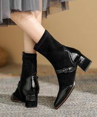 French Comfortable Splicing Chunky Boots Khaki Suede