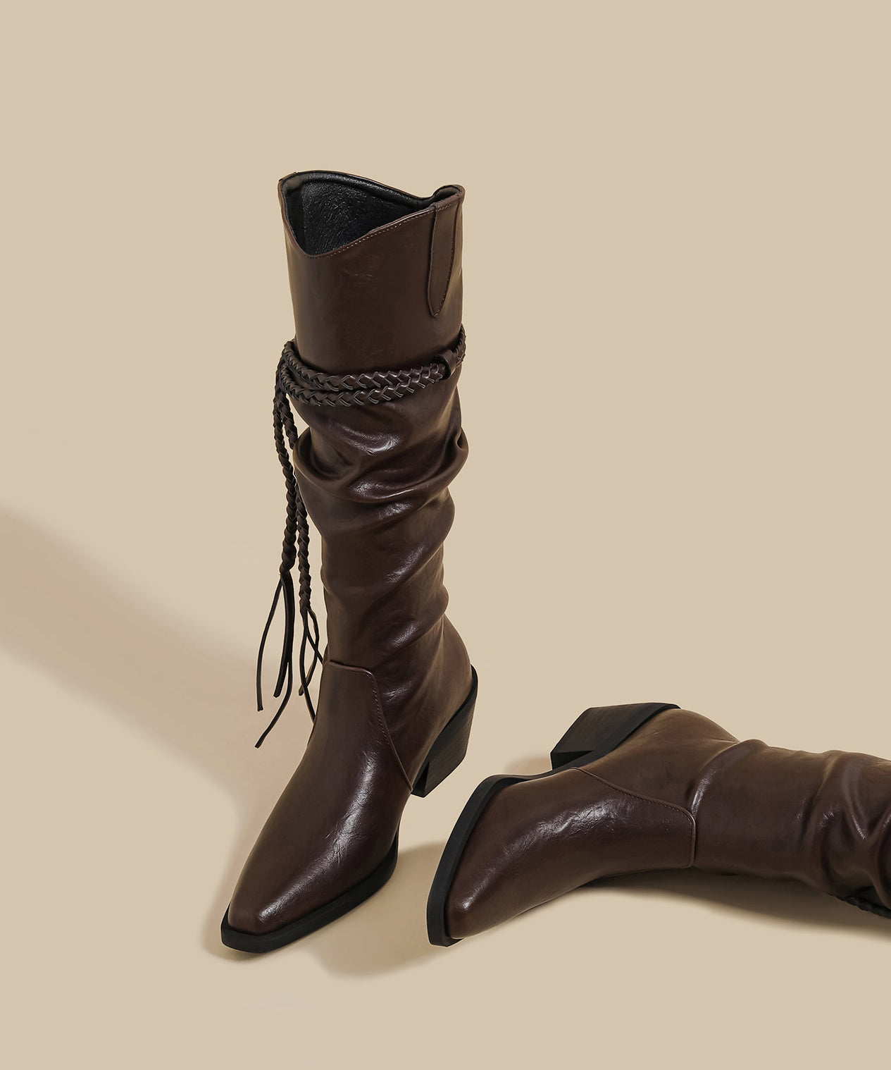 Wrinkled Tassel Splicing Chunky Boots Brown Faux Leather