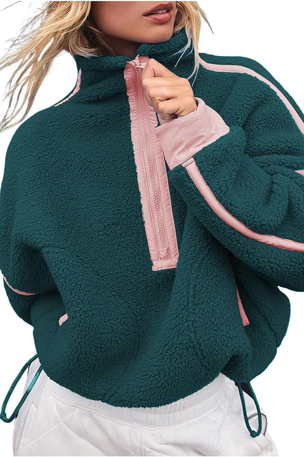 Color-blocked Trim Loose Casual Pocket Sweatshirt