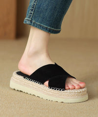 Handmade Platform Black Cowhide Leather Cross Strap Slide Sandals