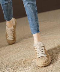 Black Suede Splicing Lace Up Flats Fuzzy Wool Lined