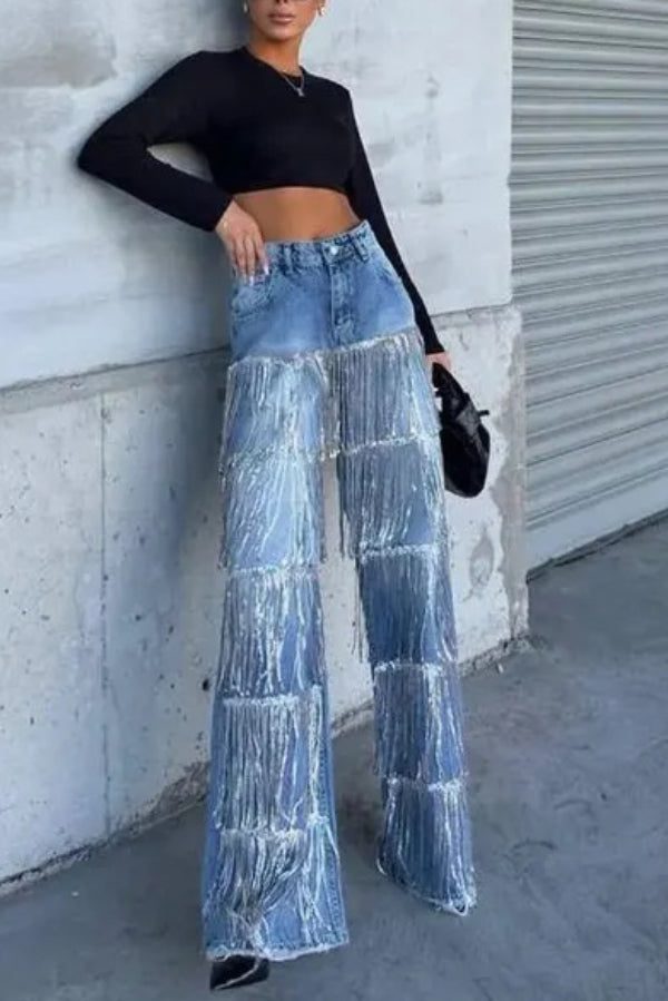 High-waisted Pocket Tassel Casual Straight Leg Jeans