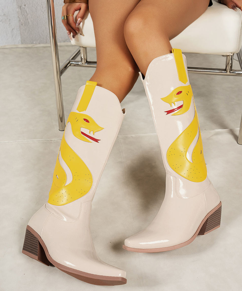 Beige Pointed Toe Splicing Faux Leather Chunky Boots