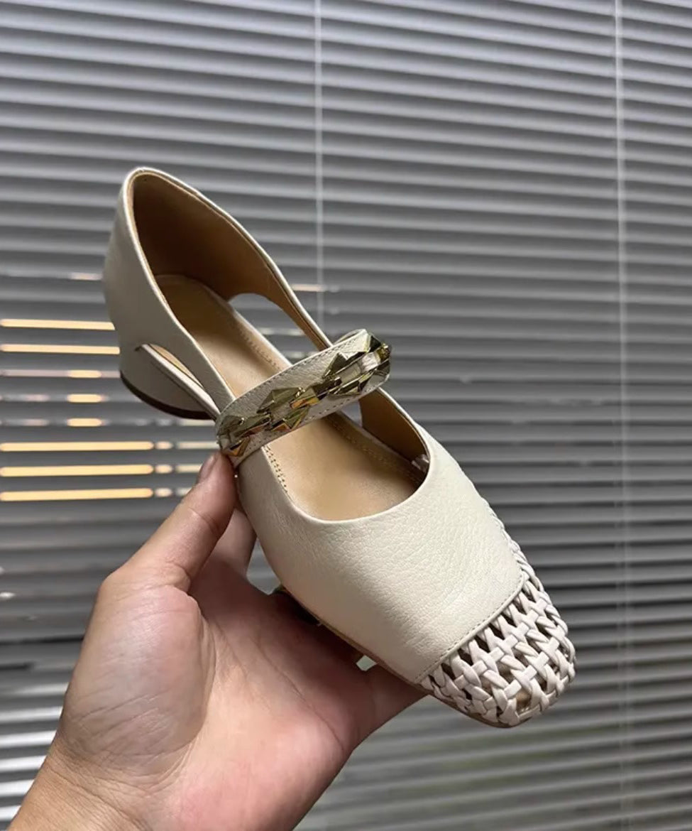 French Black Hollow Out Breathable Woven Square Toe Chunky Sandals