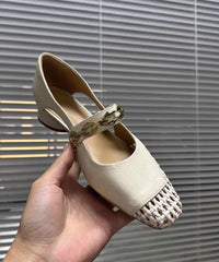 French Black Hollow Out Breathable Woven Square Toe Chunky Sandals