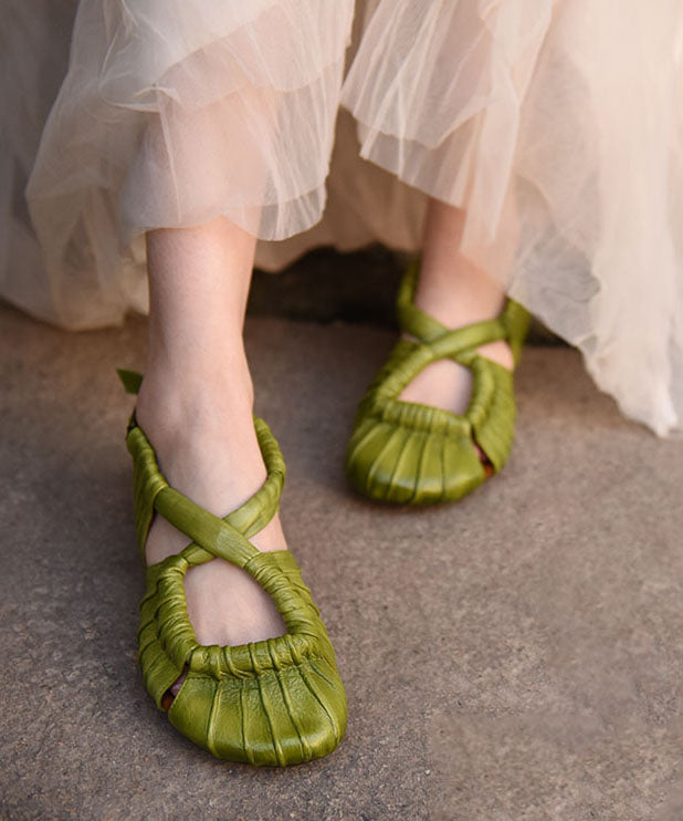 Splicing Sandals Green Cowhide Leather Hollow Out Cross Strap