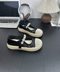 Beige Sequins Zircon Buckle Strap Splicing Platform Flat Shoes