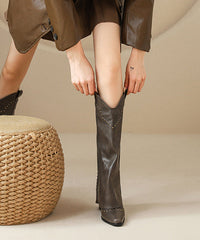 Brown Faux Leather Rivet Splicing Chunky Boots