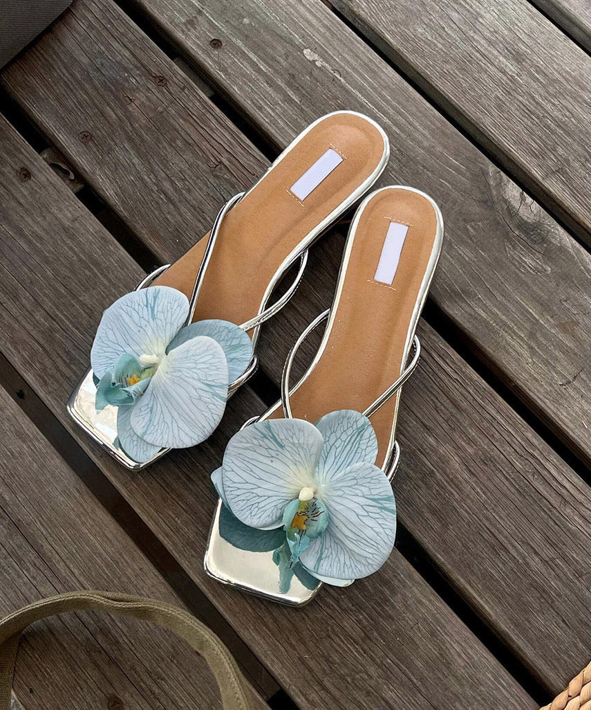 Black Chunky Faux Leather Stylish Floral Splicing Slide Sandals