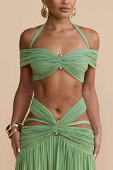 Martina Stretch Mesh Gold Metal Detail Gathered Sweetheart Crop Halter Vacation Tank
