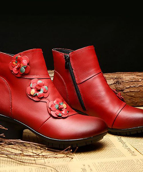 Red Boots Chunky Cowhide Leather Splicing Floral