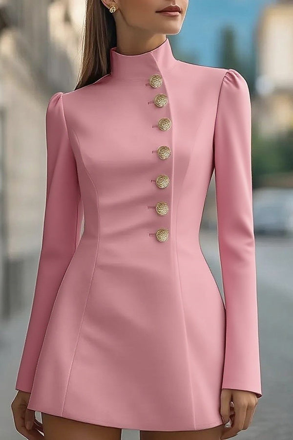 Stand Collar Single-Breasted Slim Fit Formal Mini Dress